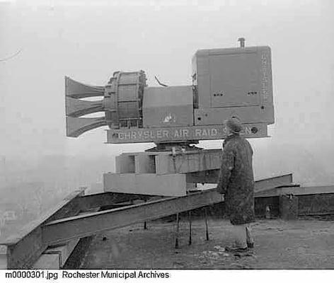 Chrysler Air Raid Siren atop what was then the Fire Bureau Headquarters still graces the roof top of 414 Andrews Street.