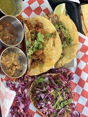 Brisket taco, Al pastor taco & vampiro de carne asada. Along with a green salsa, a roasted salsa and a pineapple salsa.