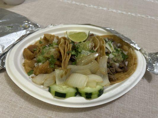 Left to right: chicharrones taco (rating: 3/5), carnitas taco (4/5), Asada taco (4/5)