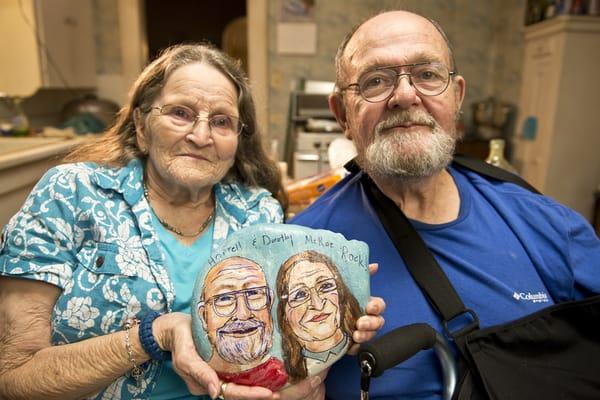 My parents with the Bonnie Blue rock I commissioned for their 56th. wedding anniversary last year.