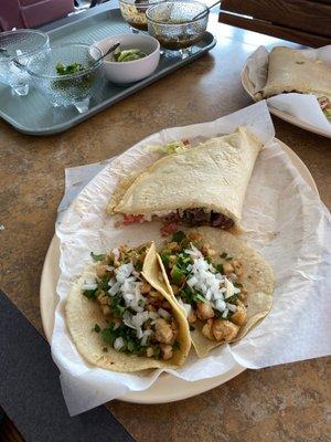 Chicken tacos and steak huarache
