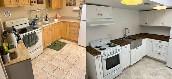 Before and after for kitchen that suffered from sewage backup. Best Option Restoration Lakewood performed full mitigation and rebuild.