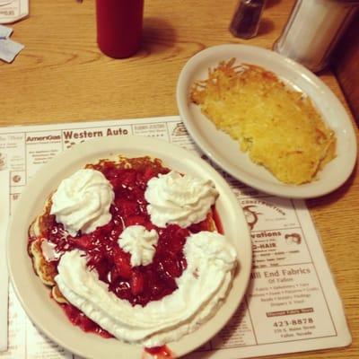Smiley face pancake(strawberries) hash browns