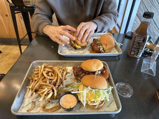 Southern Comfort chicken Sandwich and a smash burger with fries. I was clearly famished!