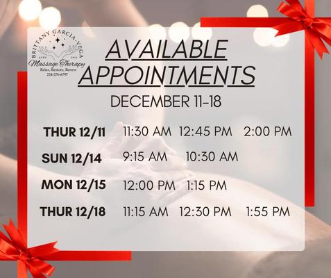 I have limited massage openings this week perfect for a little holiday stress relief.