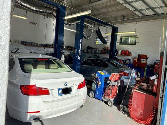 Jame's favorite thing in the world, working on two BMWs side by side!