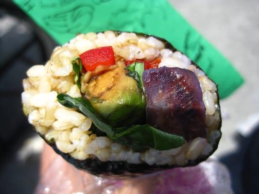Dragon Heart wrap - brown rice, avocado, sweet potato, red bell pepper, dinosaur kale, dragon sauce, basil, nori (5.22.10)