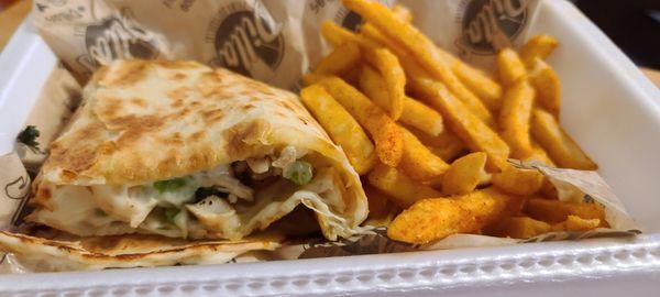 chicken quesadilla with pico de gallo and cream sauce with french fries