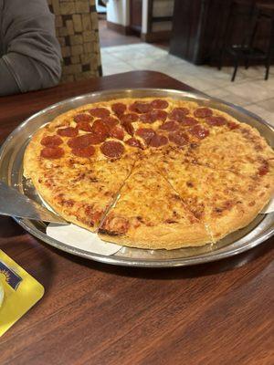 Half cheese/half pepperoni pizza. Yummy!