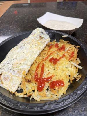 Egg white western omelet, hashbrowns, side of gravy