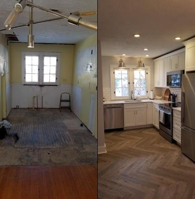 Before and after kitchen remodel with added accent lighting and recessed fixtures warm and welcome you in this newly remodeled kitchen.