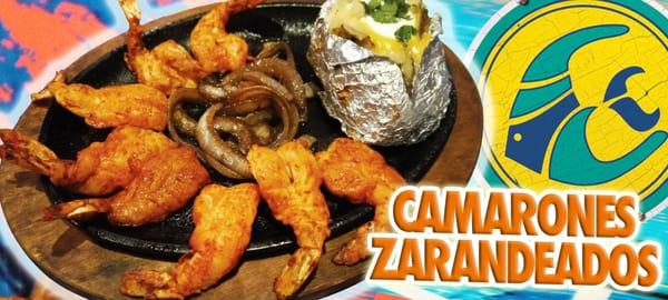ESPECIALIDAD DE LA CASA!! CAMARONES ZARANDEADOS A LAS BRASAS CON PAPA ASADA, CEBOLLA, GUACAMOLE Y ARROZ