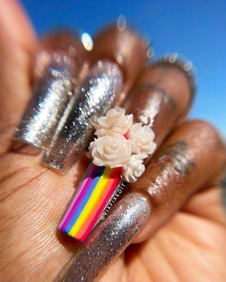 Apres Gel-X Soft Gel Extensions with Handrawn Nail Art x Custom Glow-in-the-Dark charms made in Studio - Silver Gel Polish is Valentino