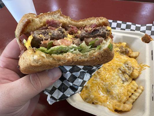 burger and chili cheese fries