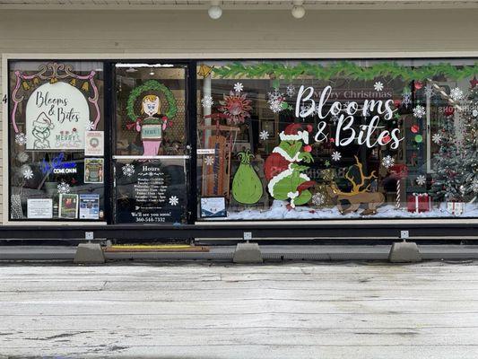 Closeup of the Blooms and Bites storefront