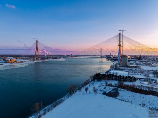 Winter sunset view of the Gordie Howe in Winter 2025