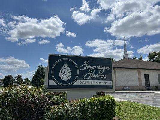 Entrance sign and steeple