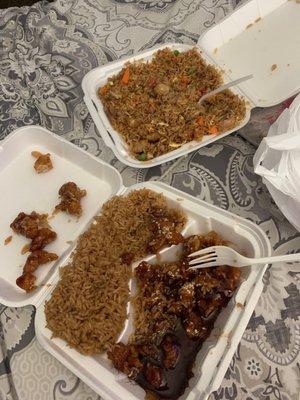 Sesame chicken and combination fried rice with shrimp