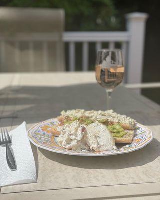 Chicken salad on a baguette. At home with a Long Island rosé to start the summer of 2022!
