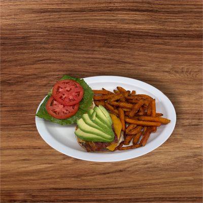 California Burger
(Bacon, cheddar, avocado, lettuce and tomato. Served with sweet potato fries)