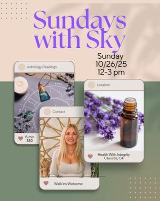 Astrology readings at Health With Integrity in Cayucos, Ca 10/26/25 12-3 pm $30/15 minutes