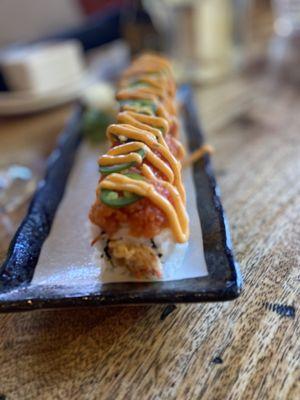 K. I. G. - Spicy crab, cream cheese, shrimp, tempura, spicy, tuna, jalapeño, Sriracha, areola, and eel sauce. $17