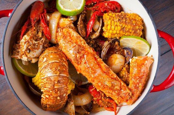 Boiled seafood with our house special Torpedo sauce