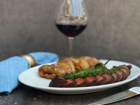 Picanha Steak: Ancho-Pasilla Rub, Anaheim Pepper,
Crushed Fingerling Potato, Chimichurri