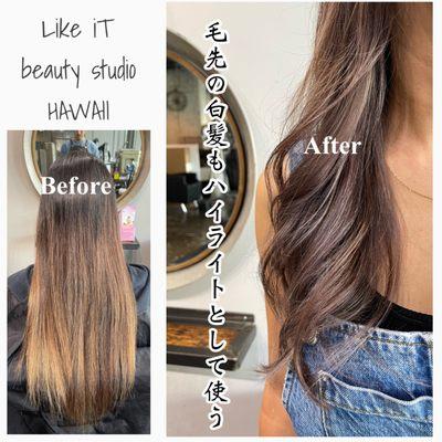 No more gray hair!! Changing Gray hair to highlights!! Hair by SHO/Owner
毛先の白髪もおしゃれなハイライトに!白髪は隠さず生かす時代!!是非お気軽にお問い合わせください!担当SHO/Like iT オーナー