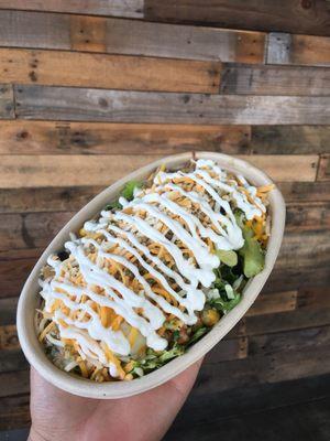 Such a photogenic bowl from WikiFRESH!  today I got quinoa, pork, lettuce, broccoli, cauliflower, cheese and sour cream. SO YUM!!