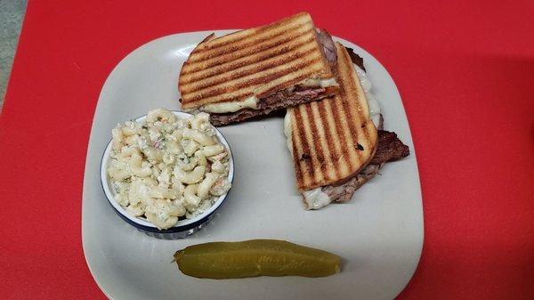 The Park Avenue Special!! Steak, Cheese, Roasted Red Peppers, and our signature Honey-Garlic Mayo pictured with our Homemade Macaroni Salad.