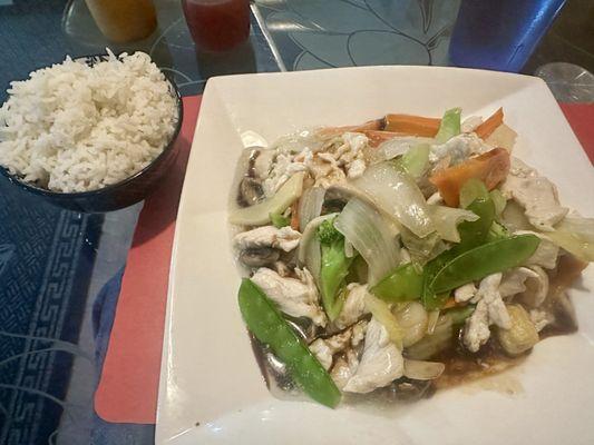 Chicken and vegetables. The brown is the soy sauce I added before I took the photo.