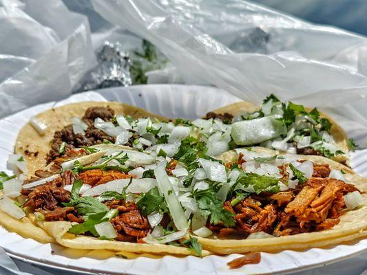 Carnitas and carne asada tacos