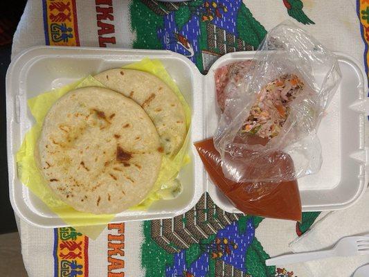 Revueltas and queso con loroco Curtido y salsa