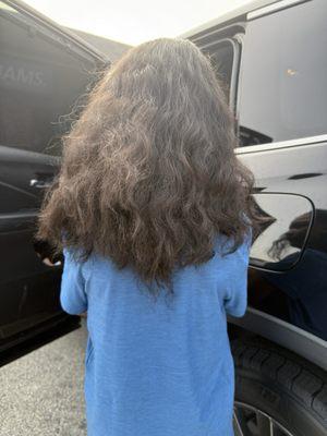 Uneven cut with bulky ends and obvious long strands sticking out.