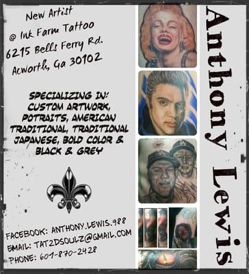 Flyer for new artist @ Ink Farm Tattoo, professional and friendly!