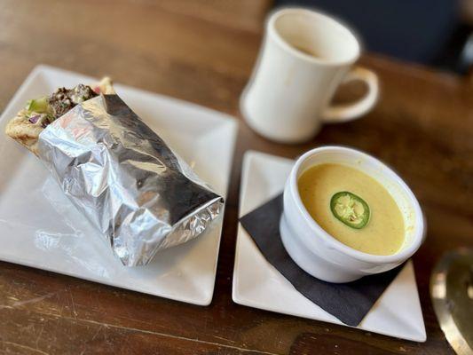 Falafel Pita and Sweet Corn Bisque Soup special