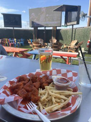 Patio area, millet light, woody's hot boneless wings