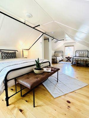 Our finished attic features a queen and 2 twin beds for sleeping