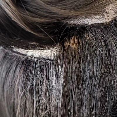 2 rows of Hand-tied Hair Extensions using a hidden bead method. A nice, clean, and comfortable install