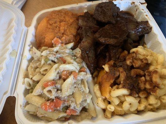 Large Pepper Steak Dinner Combo Plate with rasta pasta, Candied Yams, Baked Mac & Cheese with oxtail gravy