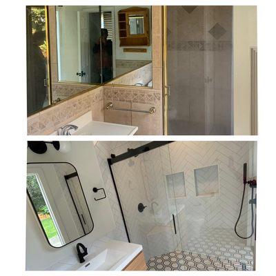 Remove wall. New double shower head.