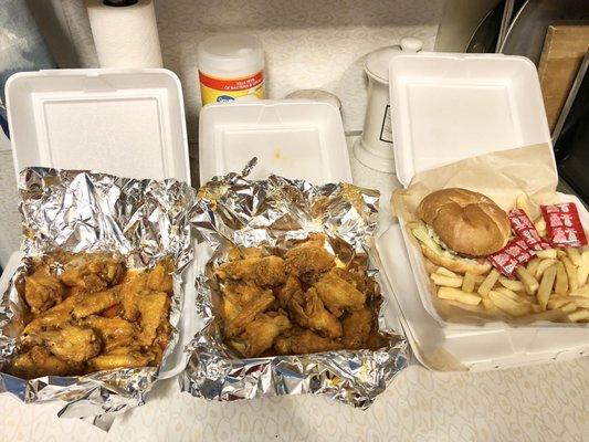 2 orders of Mild Traditional Buffalo Wings(12) each & 2 Cheeseburger Sandwiches that come with French Fries. Both great