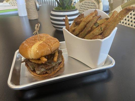 Cowboy Burger and Pickle Fries