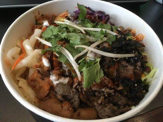 half beef and pork bibimbap with half rice and japchae