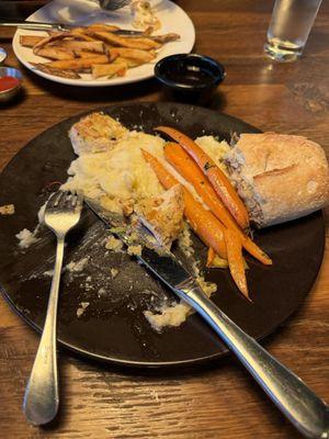 Split the chicken and started eating before remembering to take a photo. Asiago Crusted Chicken and French Dip Baguette.