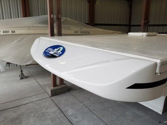 Finished camper nose piece repair with Gel Coat