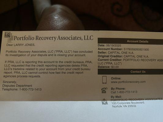 This is letter I got in mail from Portfolio Recovery Associates LLC