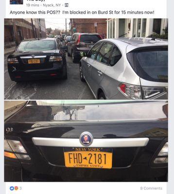 Double parks and blocks motorists in for over 20 minutes on a frigid day.