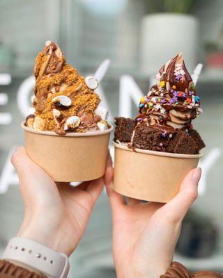 s'mores sundae and cosmic cake sundae